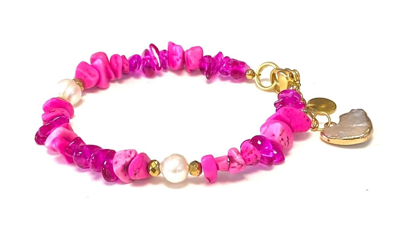 Bracelet pierre naturelle rose carmin et coeur perle d'eau douce