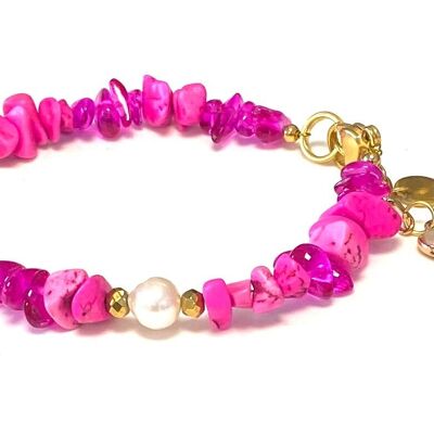 Bracelet pierre naturelle rose carmin perle d'eau douce coeur