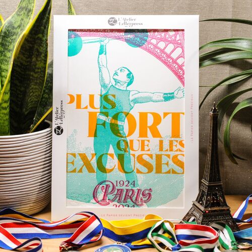 Affiche Letterpress Le Courage (Musculation), A4, Paris 2024, JO, Jeux Olympiques, Sport, Tour Eiffel