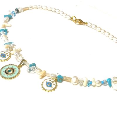 Necklace pearls, gemstone and charms