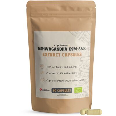 Cupplement - Ashwagandha KSM 66 - Cápsulas 60 Piezas - 500 MG por Cápsulas - Orgánico - Sin Polvo ni Gomitas - Suplemento - Extracto - Superalimento - Ashwaganda - Cereza de Invierno