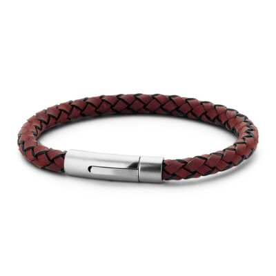 Rotes geflochtenes Lederarmband mit Edelstahl - 7FB-0218