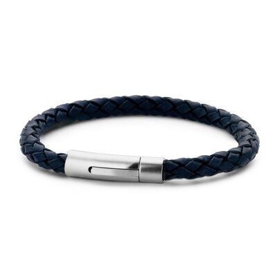 Blue braided leather bracelet with stainless steel - 7FB-0219