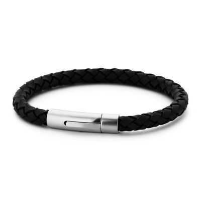 Bracelet en cuir tressé noir avec acier inoxydable - 7FB-0220