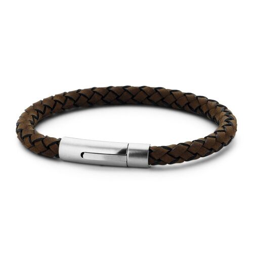 Brown braided leather bracelet with stainless steel - 7FB-0221