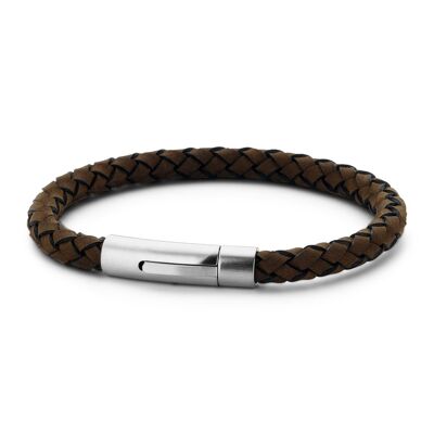 Bracelet en cuir tressé marron avec acier inoxydable - 7FB-0221