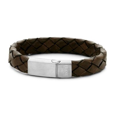 Brown braided leather bracelet with stainles steel - 7FB-0224