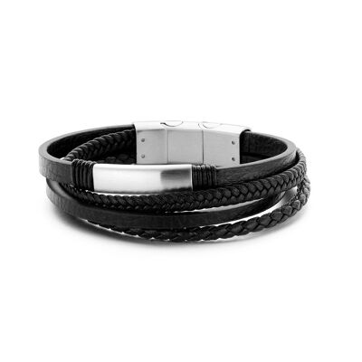 Bracelet multicouche en cuir noir avec acier inoxydable - 7FB-0226