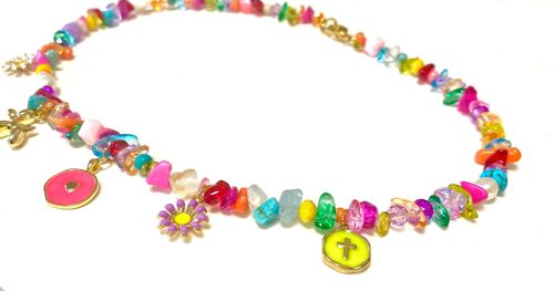 Multicolor necklace with crystal, gemstones, pears and charms