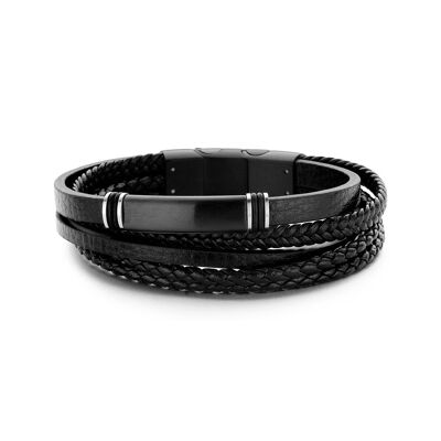 Bracelet multicouche en cuir noir avec acier inoxydable - 7FB-0228