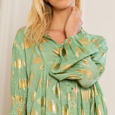 Camisa estampada efecto dorado con tirante, mangas farol