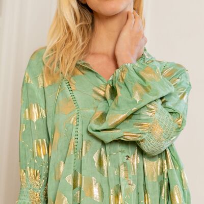 Gold effect print shirt with strap, lantern sleeves