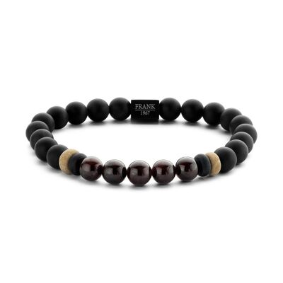 Perles d'agate et de granit noir/rouge avec perle en acier inoxydable - 7FB-0243