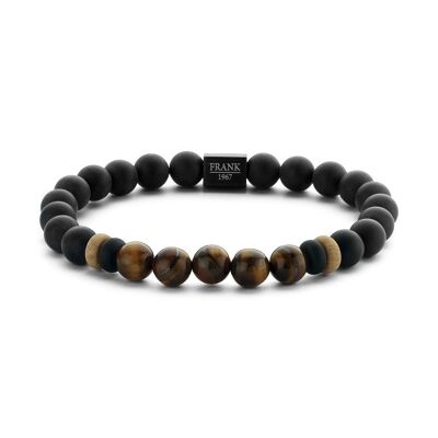 Bracelet perles agate noire/marron et oeil de tigre avec perle acier inoxydable noir - 7FB-0245