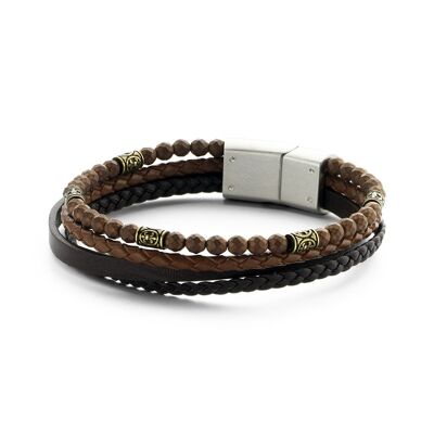 Bracelet multicouche perles hématite marron et cuir avec acier inoxydable - 7FB-0246