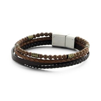 Bracelet multicouche perles hématite marron et cuir avec acier inoxydable - 7FB-0246 1