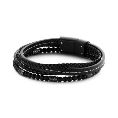 Black hematite beads and leather multi-layer bracelet with stainless steel - 7FB-0247