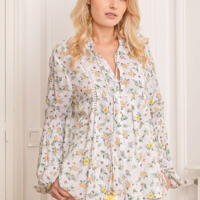 Blouse décolleté V avec liens à nouer à pompons et coquillagesV