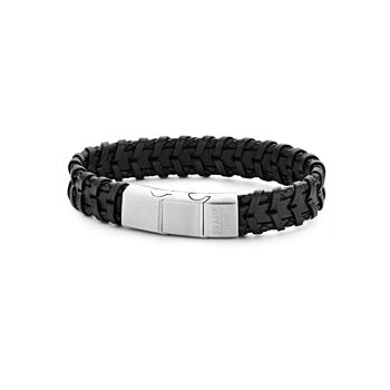 Bracelet en cuir tressé noir avec acier inoxydable - 7FB-0282 1