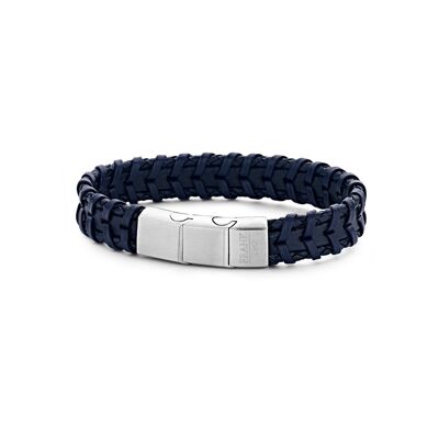 Dark blue braided leather bracelet with stainless steel - 7FB-0283