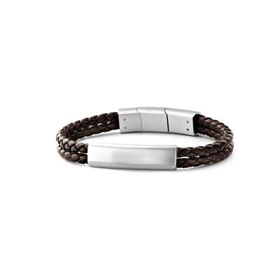 Dark brown braided leather bracelet with stainless steel - 7FB-0285