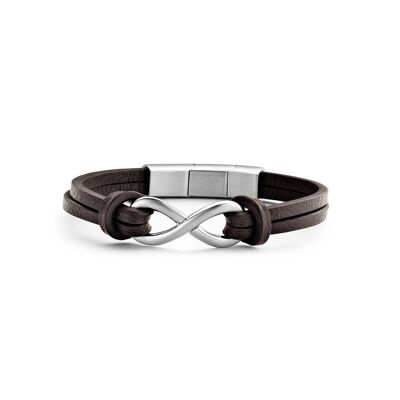 Bracelet en cuir marron foncé avec Infinity en acier inoxydable - 7FB-0297