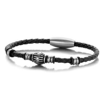 Pulsera de cuero trenzado negro con acero inoxidable - 7FB-0302