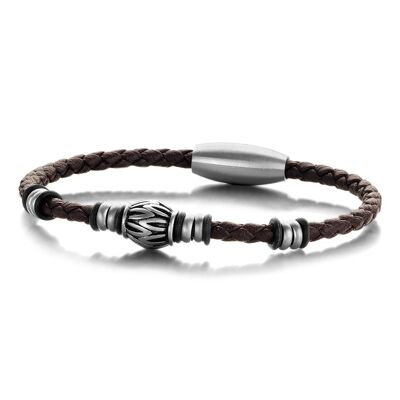 Bracelet en cuir tressé marron foncé avec acier inoxydable - 7FB-0303