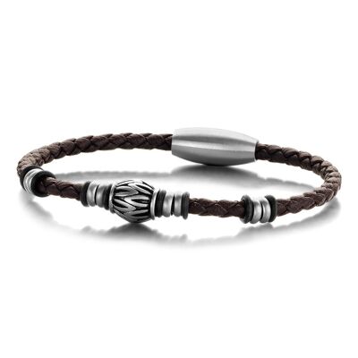 Dark brown braided leather bracelet with stainless steel - 7FB-0303