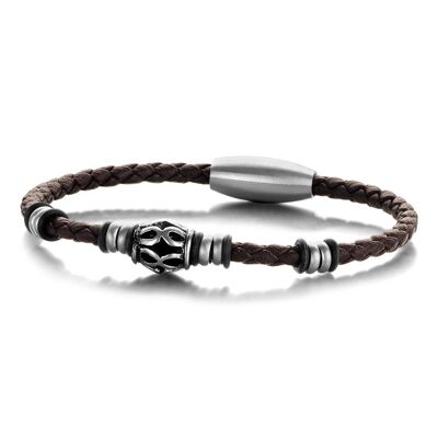 Dark brown leather bracelet with stainless steel - 7FB-0305