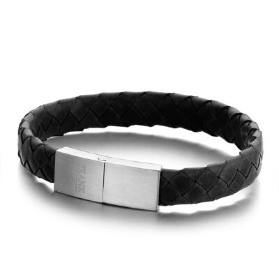 Bracelet en cuir tressé noir avec acier inoxydable - 7FB-0318
