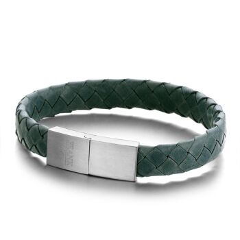 Bracelet en cuir tressé vert avec acier inoxydable - 7FB-0320 1