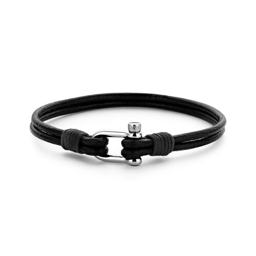 Black leather bracelet with stainless steel - 7FB-0332