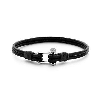 Bracelet en cuir noir avec acier inoxydable - 7FB-0332