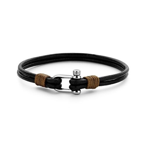 Dark brown leather bracelet with stainless steel - 7FB-0333