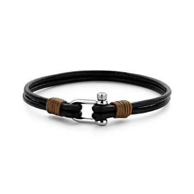 Bracelet en cuir marron foncé avec acier inoxydable - 7FB-0333
