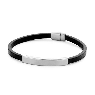 Black leather bracelet with matt steel bar element - 7FB-0338