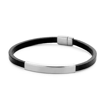 Bracelet en cuir noir avec élément barre en acier mat - 7FB-0338 1