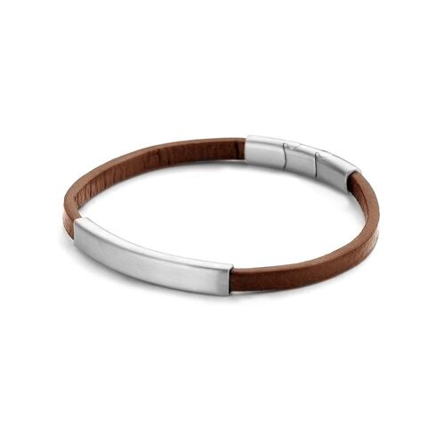 Brown leather bracelet with matt steel bar element - 7FB-0339