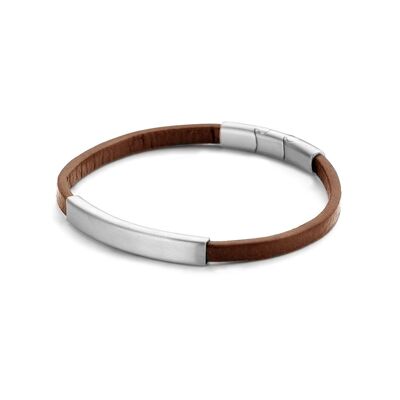 Bracelet en cuir marron avec élément barre en acier mat - 7FB-0339