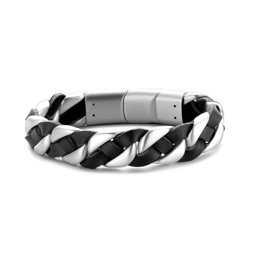Black leather bracelet with steel links - 7FB-0344