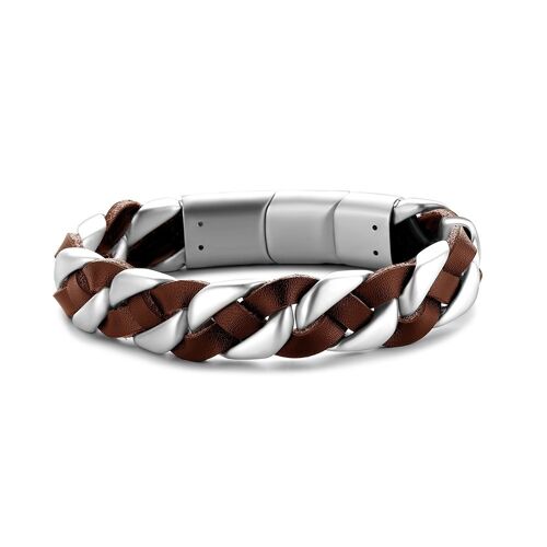 Brown leather bracelet with steel links - 7FB-0345