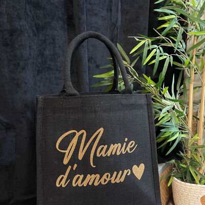 Borsa tote piccola in iuta nera “Mamie d’amour”