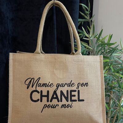 Large natural jute tote bag "Grandma keeps her Chanel for me"