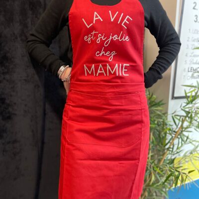 XL red kitchen apron "Life is so pretty at Grandma's"