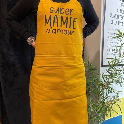 Tablier de cuisine XL moutarde " Super mamie d'amour"