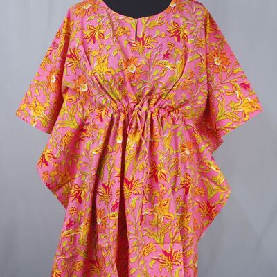 Block Printed Cotton Coverup / Kaftans - Pink Yellow Floral