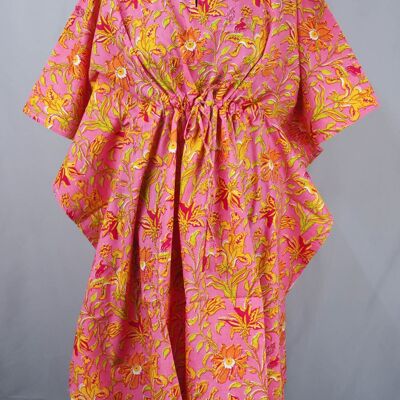 Block Printed Cotton Coverup / Kaftans - Pink Yellow Floral
