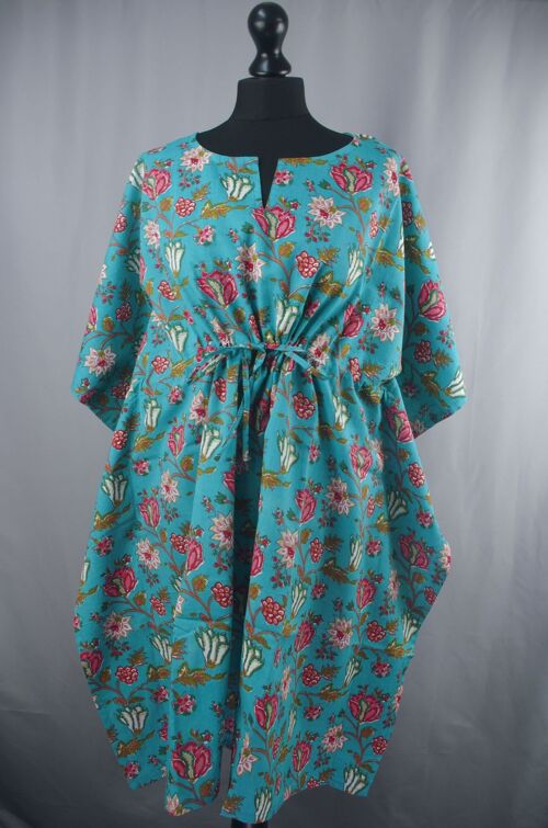 Block Printed Cotton Coverup / Kaftans - Turquoise Floral