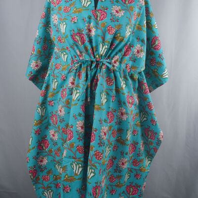 Block Printed Cotton Coverup / Kaftans - Turquoise Floral
